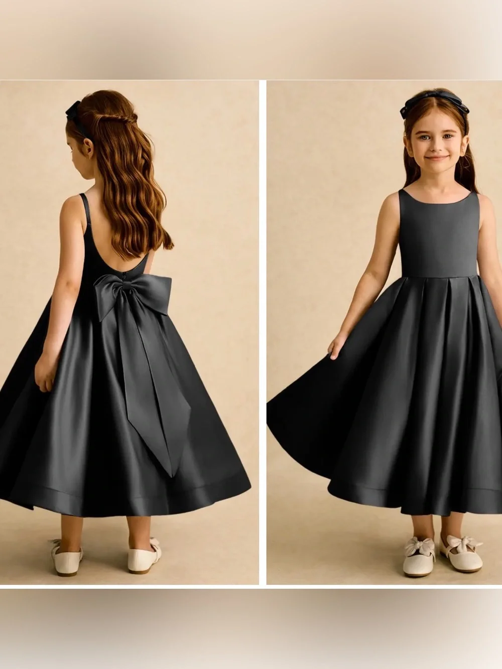 Azazie Babs Black Satin Junior Flower Girl Dress with Low Back Bow